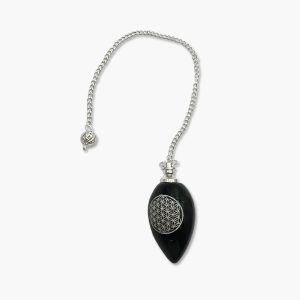Obsidian schwarz Pendel mit Blume des Lebens Gravur