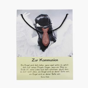 „Zur Kommunion“ Rhodonit Fisch Anhänger gebohrt auf großer Karte