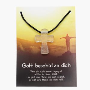 „Gott beschütze dich“ Bergkristall Kreuz Anhänger auf grosser Karte