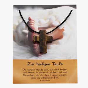 „Zur heiligen Taufe“ Tigerauge Pilgerkreuz Anhänger auf großer Karte