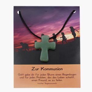 „Zur Kommunion“ Pilgerkreuz Anhänger aus Aventurin auf großer Karte