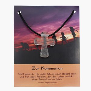 „Zur Kommunion“ Pilgerkreuz Anhänger aus Bergkristall auf großer Karte
