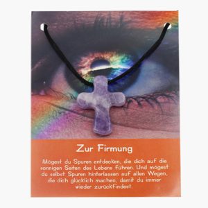 „Zur Firmung“ Pilgerkreuz Anhänger aus Amethyst auf großer Karte