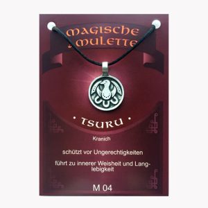 Anhänger Tsuru Kranich – Magische Amulette aus Zinn auf großer Karte mit Infoheft