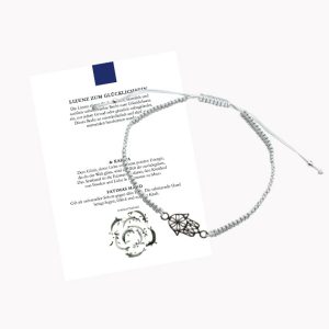 Glücksarmband Freundschaftsarmband mit Fatimas Hand / Hamsa Hand mit geknüpftem Textilband grau mit Glückskarte