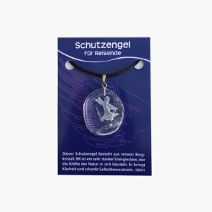 Anhänger „Schutzengel für Reisende“ aus Bergkristall auf kleiner Karte