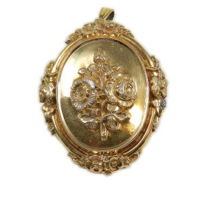 Biedermeier Schaumgold Brosche / Anhänger mit Rosendekor in 14K Gold um 1855