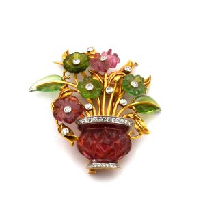 Gold Brosche als Blumenkorb mit Amethyst, Peridot und 0.42 ct Diamanten, Aldao, Madrid