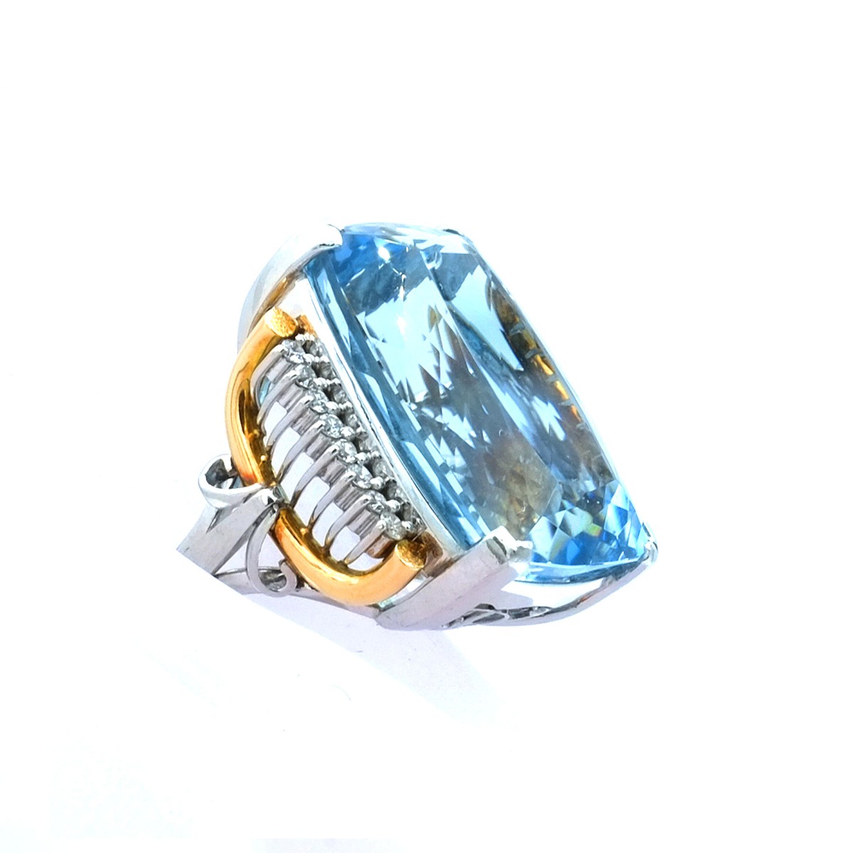 Cocktail Ring mit 58 ct Blautopas und Diamanten in Platin und Gold, um 1940 – Bild 4