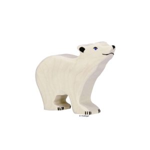 Holztiger Holzfigur Eisbär klein Kopf hoch
