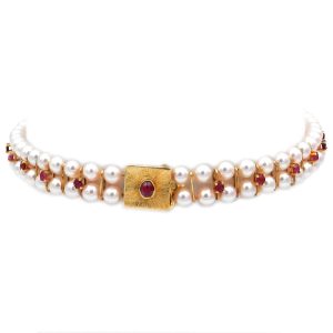 Rubin Akoya Perlen Collier de Chien 2-reihig in 18K Gold